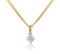 MIORE Gold Necklaces For Women in 9ct 375 Yellow Gold with 925 Sterling Silver Curb Chain 45 cm- 0.25ct Solitaire Diamond Pendant, Delivered in Jewellery Box