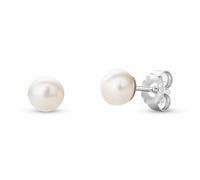 Miore Women's Real Pearl Earrings with 925 Sterling Silver Studs White Freshwater Pearls Stud Earrings (6mm width x 6mm height) Post and Butterfly
