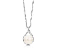 MIORE Women's Real Pearl Necklace with 8 Brilliant Cut Cubic Zirconia Gems 925 Sterling Silver Pendant White Freshwater Pearl 45cm Long Silver Chain