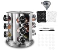 Miorkly Round Spice Rack, Rotatable Stainless Steel, 360° Spice Carousel with 12 Round Spice Jars, Spice Organiser, Spice Rack, Standing, Spice Jars with Shaker Insert, Spice Jar, Tags, Funnel, Marker