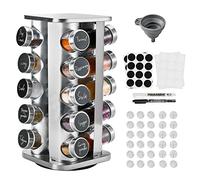 Miorkly Square Spice Rack Organiser with 20 Glass Jars, Strong Free-Standing Carousel Spice Storage Rotates 360°