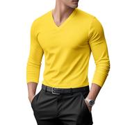 MioRoim Men Long Sleeve V Neck Tshirt Solid Color Low Cut Undershirts Tees for Autumn (UK, Alpha, L, Regular, Regular, Yellow)