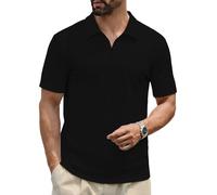 MioRoim Men's Golf Polo Shirt with Zippered Collar, Regular Fit, Summer Short Sleeve Knit for Golf (UK, Alpha, L, Regular, Regular, Black)