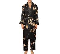 MIOTEQ Men's Robe Simulation Silk Kimono Bathrobe 2 Piece Set Lightweight Loungewear Nightwear with Long Pants,Black,XL