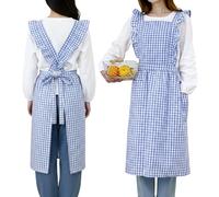 MiOYOOW Vintage Apron, Adjustable Cotton Plaid Kitchen Aprons with Ruffles Design & 2 Small Pockets for Women Cooking Baking BBQ Cafe