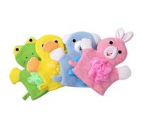 Mipcase 4pcs Cartoon Style Exfoliating Bath Gloves Set, Soft Body Scrubbers with Yellow Duck, Green Frog, Pink Rabbit, Blue Bear for Bathing and Shower