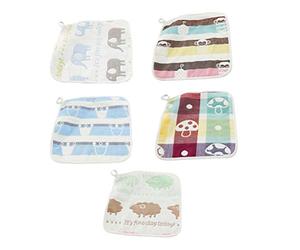 Mipcase 5pcs Cotton Muslin Face Towels for Newborns, Soft 6-Layer Pure Cotton Handkerchiefs Animal Prints, Breathable Towels for Bath and Teething Care Random Color