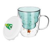 Mipcase Christmas Glass Espresso Mug 300ml Double Layer with Lid for Winter | Glass Construction, Anti Scald Thermal Design, Festive Tree Shape, Office Use and Winter Outdoor