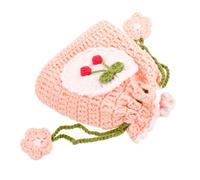 Mipcase Handmade Small Crochet Drawstring Bag, Cherry Pattern Woven Coin Purse, Mini Storage Pouch for Earphones and Change