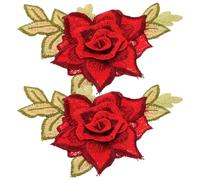 Mipcase Red 3D Flower Embroidered Sew-on Patches, 1 Pair Fabric Appliques for Clothing Repair, DIY Decoration Accessories for Jackets, Bags, and Apparel