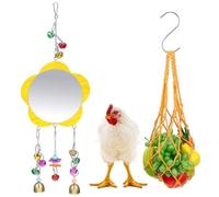 Mipcase Yellow Chicken Feeding Net Bag with S-hook and Wooden Clover Mirror, Hanging Poultry Feeder Net and Pet Foraging Set for Coop and Chickens
