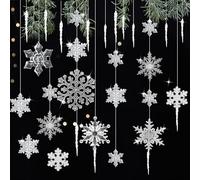 MIPIACE Pack of 32 Snowflakes Hanging with 2 Elastic Cords 12 Icicle Pendants Snowflakes Christmas Tree Decoration Icicle Christmas Tree Decoration Snowflake Pendant Winter Decoration for Christmas