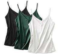 Miqieer Basic 3 Pack Women's Silk Tank Top Ladies V-Neck Camisole Silky Loose Sleeveless Blouse Tank Shirt Clothing with Soft Satin, 3-pack:white+black+darkgreen, M