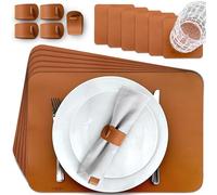 MIQIO Faux Leather Place Mats - Set of 18 Table Coasters - Leather Place Mats Washable - 6 Placemats, Glass Coasters, Napkin Rings | Cognac | Rectangular