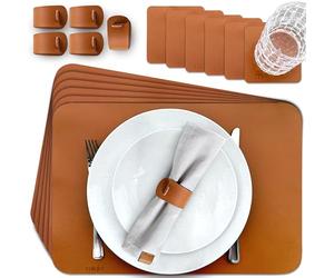 MIQIO Faux Leather Place Mats - Set of 18 Table Coasters - Leather Place Mats Washable - 6 Placemats, Glass Coasters, Napkin Rings | Cognac | Rectangular