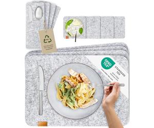 MIQIO® Scandi Style Felt Place Mats with real Leather Label - Washable | Set of 4 Felt Placemats 44x30 cm, Cuttlery Bags, Glass Coasters | Table Mats for Easter Table Decoration | Light Grey