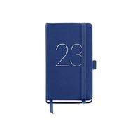 Miquelrius - 2023 Year Diary - Week to View - Passport Size 90 x 140 mm - Stitched Faux Leather Hard Cover - Elastic Rubber - Catalan, English and Portuguese - Blue, MR31875