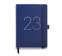 Miquelrius 2023 Year Diary, Week View, Stitched Leather Hard Cover, Elastic Rubber, Spanish, English and Portuguese, Blue, Plus 155 x 213 mm