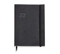 Miquelrius - 2023 Year Planner - Day Page - Plus Size 155 x 213 mm (Approx A5) - Flexible Stitched Leather Cover - Catalan, English and Portuguese - Black