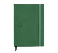 Miquelrius - 2025 Diary, Size 155 x 213 mm, Day Page Diary, Stitched Leather Cover, Sustainable Paper 100 g/m², Elastic Closure, Spanish, English and Portuguese, Green