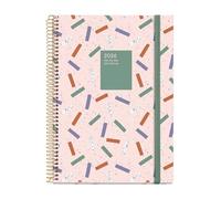 Miquelrius - 2026 Day to Page Diary, Similar A5+ (155 x 213 mm), Daily Planning, Hard Cardboard Cover, Spiral, Elastic Closure, Paper 80 g/m², CAT-EN-PT, Confetti
