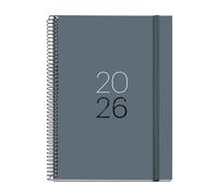 Miquelrius - 2026 Day to Page Diary, Similar A5+ (155 x 213 mm), Laminated Cardboard Cover, Spiral and Elastic Closure, Daily Planning, Paper 80 g/m², ES-EN-PT, Graphite