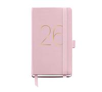 Miquelrius - 2026 Day to Page Diary, Small Format 90 x 140 mm, Daily Planning, Flexible Cover with Stitched Leather, Elastic Closure, Inner Pocket, Paper 80 g/m², ES-EN-PT, Pink
