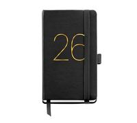 Miquelrius - 2026 Day to Page Diary, Small Format 90 x 140 mm, Daily Planning, Flexible Cover with Stitched Leather, Elastic Closure, Inner Pocket, Paper 80 g/m², ES-EN-PT, Black