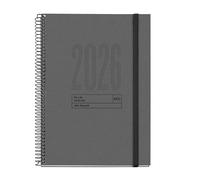 Miquelrius - 2026 Sustainable Day Per Page Diary, Similar A5+ (155 x 213 mm), Daily Planning, Recycled Cover Lined Cardboard, Recycled Paper 100 g/m², Rubber Closure, CAT-EN-PT, Graphite