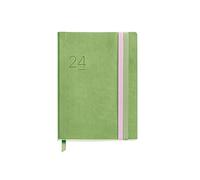 Miquelrius - Annual Diary 2024, Day Page, Journal Size 122 x 168 mm, Flexible Cover, Stitched Leather, Double Elastic Closure, Spanish, English and Portuguese, Green