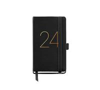 Miquelrius - Annual Planner 2024, Week to View, Passport Size 90 x 140 mm, Stitched Leather Hard Cover, Elastic Rubber, Spanish, English and Portuguese, Black