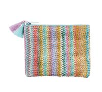 Miquelrius - Flat Pocket Purse, Size 130 x 100 mm, Handle with Tassels, Zipper Closure, Raffia and PU Leather Material, Feeling Mallorca Collection, Zigzag Print, Multicoloured, 130 x 100 mm, Flat