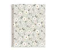 Miquelrius - Notebook A4 (210 x 297 mm), 5 mm grid, 100 sheets of 70 g/m², green cardboard cover, 4 coloured stripes, copper spiral, Spring Flowers collection, Flowers