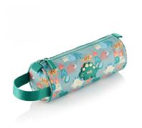 Miquelrius - Round School Pencil Case, Recycled Pencil Case with Main Compartment, Plastic Zipper, Handle, Silicone Dino, Back to School, 23 x 9 x 9 cm, Dino Roar