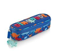 Miquelrius - School Pencil Case, Oval Pencil Case, Made with Recycled Bottles, Zipper Closure, Organize Your School Supplies for Back to School, Dino, Blue, Pencil case Oval