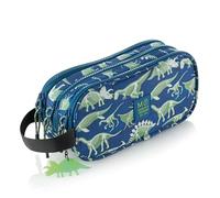 Miquelrius - Triple School Pencil Case with Handle, Recycled Pencil Case with 3 Compartments, Zips, Rope Pulls, Dino Keychain, Glow Darkness, Back to School, 21 x 6 x 10.5 cm, Fossil