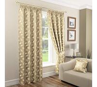 Mirabel Rowan Fully Lined Pencil Pleat Curtains Modern Plain with Woven Leaf Design,Tape Top Heading (GOLD, 66" X 90" (167 CM X 229 CM))