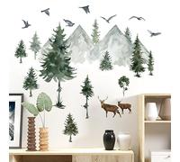 Mirabuy Watercolor Mountain Pine Tree Wall Decals Forest Tree Woodland Deer Birds Wall Stickers for Kids Bedroom Newsery Living Room Wall Decor