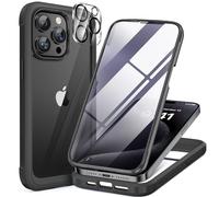 Miracase Glass Case for iPhone 15 Pro Case 6.1-Inch, Full Body Bumper Clear Back Cover and Built-in 9H Tempered Glass Screen Protector + Camera Lens Protector (Black)