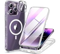 Miracase Magnetic for iPhone 14 Pro Max Case 6.7 Inch, Full Body Rubber Bumper Compatible with Magsafe,[Bubble-free] Built-in 9H Tempered Glass Screen Protector+ Camera Lens Protector(Clear Glitter)