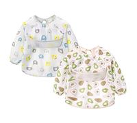 Miracle Baby Feeding Bibs with Sleeves 2 Pcs Waterproof Long Sleeve Bib Washable Weaning Bib Coverall Bib Set for Infant Toddler 6 Months to 3 Years Old, Pear and Bear (Pear & Bear)