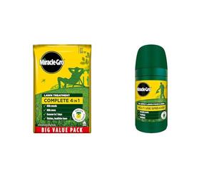 Miracle-Gro Complete 4 in 1 Lawn Food, 360 m² bag, Lawn Food, Weed & Moss Control + Miracle-Gro Compact Lawn Spreader - for Seeding and Feeding Your Luscious Lawn, Green