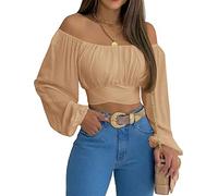 MIRACMODA Woman Off Shoulder Ruched Tie Back Crop Top Summer Lantern Sleeve Boho Shirt Blouse