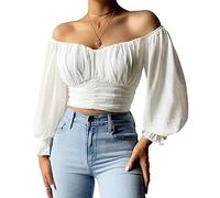 MIRACMODA Woman Off Shoulder Ruched Tie Back Lantern Sleeve Crop Tube Top Chiffon Blouse, T-white, S
