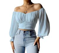 MIRACMODA Womens Elegant Off The Shoulder Puff Sleeve Blouse Summer Chiffon Slim Fit Party Crop Top, Sky Blue, XL