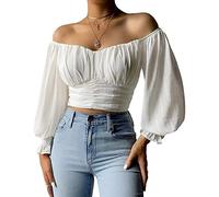 MIRACMODA Womens Elegant Off The Shoulder Puff Sleeve Blouse Summer Chiffon Slim Fit Party Crop Top, White, L