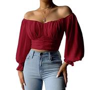 MIRACMODA Womens Elegant Off The Shoulder Puff Sleeve Blouse Summer Chiffon Slim Fit Party Crop Top, Wine, M