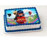 Miraculous Ladybug Cake Topper - Ladybug & Cat Noir with Tikki and Plagg Design fits 1/4 Sheet cake or larger