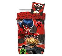 Miraculous Ladybug Children's Bed Linen Duo Red 135 x 200 cm + 80 x 80 cm 100% Cotton Renforcé Linen Quality Lady Bug Marinette Dupain-Cheng Adrien Cat Noir Paris Tikki Plag German Size 053-B