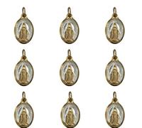 Miraculous Virgo Medal, 24K Gold Fine Gold Tone Oval Shape and Two Tone Enamel Entirely produced in Lourdes Packaged on a cardboard and in a clear blue-white red bag., Brass